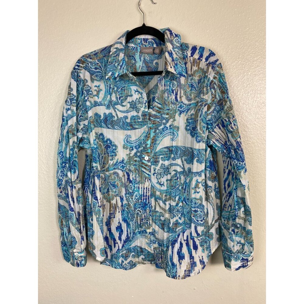 Chicos 2 Womens Paisley Button Up Top Size Large Crinkle Western Boho Blue Artsy